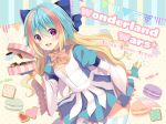  :d bangs blonde_hair blue_bow blue_gloves blue_hair blue_skirt blush bow breasts candy_wrapper checkerboard_cookie commentary_request cookie copyright_name eyebrows_visible_through_hair food frilled_bow frills gloves hair_between_eyes hair_bow holding kuroe_(sugarberry) leaning_forward little_alice_(wonderland_wars) long_sleeves macaron multicolored_hair open_mouth pennant puffy_short_sleeves puffy_sleeves purple_eyes shirt short_over_long_sleeves short_sleeves skirt small_breasts smile solo streaked_hair string_of_flags striped striped_legwear sunshine_creation thighhighs two-tone_hair upper_teeth vertical-striped_legwear vertical_stripes white_shirt wide_sleeves wonderland_wars 