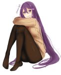  artist_name beige_sweater brown_legwear commentary doki_doki_literature_club english_commentary full_body hair_ornament hairclip highres knees_to_chest long_hair looking_at_viewer no_shoes otxoa60 pantyhose purple_eyes purple_hair ribbed_sweater simple_background sitting sketch smile solo sweater very_long_hair white_background yuri_(doki_doki_literature_club) 