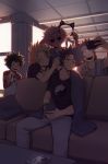  4boys :d absurdres animal_ears arm_up ashido_mina backlighting bags_under_eyes bare_arms black_hair black_sclera blonde_hair boku_no_hero_academia cat_ears cellphone closed_eyes closed_mouth collarbone couch cup facepaint fake_animal_ears freckles hair_between_eyes hairband hand_up headband highres holding holding_cup holding_marker holding_phone indoors kaminari_denki keiid kirishima_eijirou long_sleeves looking_at_another male_focus marker messy_hair midoriya_izuku multiple_boys on_couch open_mouth pants parted_lips phone pillow pink_hair pink_skin prank purple_hair red_hair sharp_teeth shinsou_hitoshi shirt short_hair short_sleeves sitting sleeping smartphone smile spiked_hair stifled_laugh t-shirt table teeth upper_teeth v wide-eyed window yellow_eyes yin_yang 