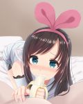 1girl a.i._channel banana bangs bare_shoulders bed_sheet blurry blurry_background blush brown_hair commentary_request depth_of_field detached_sleeves eating eyebrows_visible_through_hair food fruit hair_ribbon hairband heart heart-shaped_pupils highres kizuna_ai long_hair long_sleeves mimikaki_(men_bow) multicolored_hair nose_blush pillow pink_hair pink_hairband pink_ribbon ribbon sexually_suggestive shirt short_shorts shorts sleeveless sleeveless_shirt solo_focus streaked_hair symbol-shaped_pupils very_long_hair virtual_youtuber white_shirt white_shorts 