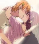  ahoge backlighting bare_shoulders blush casual closed_eyes clover_hair_ornament commentary_request french_kiss from_side hair_ornament highres hug kiss kougi_hiroshi long_hair love_live! love_live!_sunshine!! multiple_girls off_shoulder orange_hair red_hair sakurauchi_riko shirt short_sleeves single_tear striped striped_shirt t-shirt takami_chika upper_body yuri 