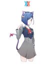  absurdres animal_ears bad_id bad_pixiv_id bell blue_hair blush bow breasts cat_ears cat_tail commentary_request cropped_legs darling_in_the_franxx fake_animal_ears green_eyes hair_ornament hair_over_one_eye hairclip hand_in_pocket highres ichigo_(darling_in_the_franxx) looking_at_viewer paw_pose q-pra ribbon short_hair solo tail tail_bow tail_ribbon uniform 