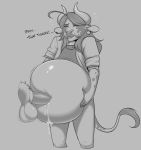  2018 anthro balls belly belly_expansion belly_inflation bellyjob big_belly bovine cattle clothing cowbell cum cum_from_navel cum_in_navel cumshot disembodied_penis ear_tag ejaculation female hair hand_on_stomach horn inflation male male/female mammal maws-paws_(artist) monochrome navel navel_fetish navel_penetration navel_poke orgasm penetration penis sex text 