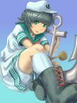  anchor anchor_symbol bangs bare_arms black_footwear black_hair boots boyshorts closed_mouth commentary_request cross-laced_footwear foreshortening full_body gradient gradient_background green_eyes hand_up hat highres knee_up lace-up_boots leaning_forward lips looking_at_viewer murasa_minamitsu sailor sailor_hat shirt short_hair short_sleeves shorts shorts_under_shorts sitting smile socks solo totsuki_(puyonpuyon) touhou underwear upshorts white_legwear white_shirt white_shorts 