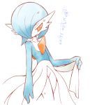 1girl alternate_color collarbone cropped_legs female flat_chest gardevoir gen_3_pokemon hair_over_one_eye half-closed_eyes hand_up holding japanese_text lifted_by_self minashirazu no_humans open_mouth orange_eyes pokemon pokemon_(creature) shiny_pokemon shy simple_background solo standing sweat talking translation_request white_background 