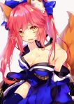  animal_ear_fluff animal_ears bare_shoulders blue_bow blue_legwear blush bow breasts choker cleavage detached_sleeves eyebrows fang fate/extra fate_(series) fox_ears fox_tail fujikiri_yana gradient gradient_background grey_background hair_bow highres long_hair looking_at_viewer medium_breasts open_mouth pink_hair solo tail tamamo_(fate)_(all) tamamo_no_mae_(fate) tears thighhighs twintails yellow_eyes 