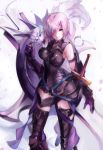 animal armored_boots armored_leotard black_footwear black_leotard boots eyes fate/grand_order fate_(series) fou_(fate/grand_order) gloves hair_ornament hair_over_one_eye holding_shield leotard mash_kyrielight nagasawa_tougo pink_hair purple_eyes purple_gloves shield short_hair simple_background solo standing sword thigh_boots thighhighs weapon white_background 
