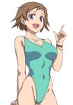  aqua_swimsuit blue_eyes bracelet breasts brown_hair collarbone covered_navel cowboy_shot gundam gundam_build_divers hai_(h81908190) highleg highleg_swimsuit index_finger_raised jewelry looking_at_viewer medium_breasts nanase_nanami_(gundam_build_divers) one-piece_swimsuit open_mouth short_hair simple_background solo standing swimsuit white_background 