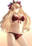  :&lt; arms_behind_back ass_visible_through_thighs bangs blonde_hair bra breasts cleavage commentary contrapposto cowboy_shot crown earrings ereshkigal_(fate/grand_order) eyebrows_visible_through_hair fate/grand_order fate_(series) frown gradient gradient_background hair_ornament highres jewelry large_breasts long_hair looking_away mashu_003 navel panties parted_bangs red_bra red_eyes red_panties simple_background solo standing two_side_up underwear underwear_only 
