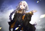  ayakura_juu blue_eyes braid cloud cloudy_sky hand_up hood hoodie kizuna_akari long_hair looking_at_viewer necktie open_mouth pants sky solo twin_braids vocaloid voiceroid waistcoat white_hair 