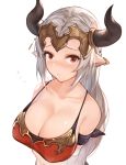 absurdres aliza_(granblue_fantasy) armband blush breasts cleavage collarbone granblue_fantasy hana_mori headpiece highres horns large_breasts long_hair looking_at_viewer navel pointy_ears red_eyes silver_hair simple_background solo white_background 