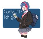  bag black_legwear blue_hair bob_cut cardigan coffee_cup collared_shirt cup darling_in_the_franxx disposable_cup galge03 green_eyes gym_bag hair_ornament hairclip headphones highres ichigo_(darling_in_the_franxx) necktie pleated_skirt school_bag school_uniform shirt short_hair skirt striped striped_neckwear thighhighs zettai_ryouiki zipper 