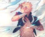  bandaged_arm bandages blonde_hair boku_no_hero_academia cuts fighting_stance gondo_(uwangz93) injury male_focus navel open_clothes parted_lips smoke solo teenage tiles toned toned_male u.a._gym_uniform upper_body yagi_toshinori younger 