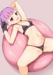  :d armpits ball bangs bare_shoulders bikini black_bikini black_gloves blush breasts brown_background cameltoe collarbone commentary covered_nipples exercise_ball eyebrows_visible_through_hair fate/grand_order fate_(series) gloves helena_blavatsky_(fate/grand_order) helena_blavatsky_(swimsuit_archer)_(fate) looking_at_viewer lying navel on_back open_mouth ponytail purple_eyes purple_hair simple_background small_breasts smile solo spread_legs swimsuit toshishikisai 