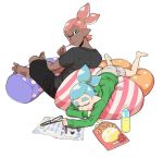  2boys barefoot black_shirt black_shorts candy dark_skin food glasses holding_food inkling laying_down light_background lollipop looking_at_viewer male_focus open_mouth pillow pointy_ears ponytail shirt short_sleeves shorts simple_background smile splatoon star striped striped_print sweets tentacle tentacle_hair white_background wink 