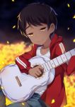  absurdres acoustic_guitar black_hair brown_eyes coco_(disney) dark_skin disney flower guitar highres hood instrument male_focus marigold miguel_rivera mole mole_above_mouth music night night_sky petals playing_instrument ryuuki_(eruk8993) short_hair sitting sky smile solo 