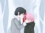  1boy 1girl black_cloak black_hair blue_eyes cloak coat commentary_request couple darling_in_the_franxx eyebrows_visible_through_hair face-to-face forehead-to-forehead fringe fur_trim green_eyes grey_coat hands_on_another&#039;s_face hiro_(darling_in_the_franxx) hooded_cloak horns littlebird_label long_hair looking_at_another oni_horns parka pink_hair red_horns red_pupils red_sclera red_skin short_hair winter_clothes winter_coat younger zero_two_(darling_in_the_franxx) 