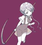  amimi androgynous colored_eyelashes gem_uniform_(houseki_no_kuni) ghost_quartz_(houseki_no_kuni) grey_eyes grey_hair hair_over_one_eye houseki_no_kuni looking_at_viewer necktie purple_background scythe see-through short_hair silver_eyes silver_hair simple_background smile solo suspenders weapon 