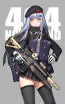  ahd assault_rifle bag beret blue_hair girls_frontline gloves green_eyes grenade_launcher gun hat heckler_&amp;_koch highres hk416 hk416_(girls_frontline) iron_cross long_hair looking_at_viewer rifle simple_background solo suppressor thighhighs trigger_discipline underbarrel_grenade_launcher weapon zettai_ryouiki 