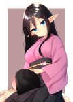  1girl barefoot binsen black_hair blue_eyes blush brown_background closed_mouth elf eyebrows_visible_through_hair faceless faceless_male hakama japanese_clothes lap_pillow long_hair long_sleeves obi original pointy_ears sash seiza simple_background sitting smile sweatdrop wide_sleeves 