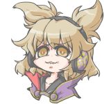  biting cape earmuffs kureha_mitsushige light_brown_eyes light_brown_hair lip_biting outline purple_cape shiny shiny_hair short_hair simple_background solo touhou toyosatomimi_no_miko upper_body white_background 