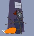 2017 a. absurd_res anthro bdsm blindfold bondage bound canine clothed clothing collar digital_drawing_(artwork) digital_media_(artwork) dipstick_tail english_text fox fur hair harness hi_res male mammal mask multicolored_fur multicolored_tail muzzle_(object) muzzled orange_fur poiuytrew red_hair rubber shiny simple_background solo text two_tone_fur white_fur 