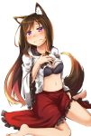  animal_ears barefoot black_bra bra breasts brooch brown_hair chikinman cleavage collarbone commentary_request dress embarrassed imaizumi_kagerou jewelry long_hair long_sleeves looking_at_viewer medium_breasts navel red_eyes simple_background sitting solo sweat tail touhou underwear wavy_mouth white_background wide_sleeves wolf_ears wolf_tail 