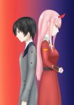  1boy 1girl back-to-back black_hair blue_eyes commentary_request couple darling_in_the_franxx eyebrows_visible_through_hair fringe green_eyes hair_ornament hairband hiro_(darling_in_the_franxx) horns long_hair military military_uniform necktie oni_horns orange_neckwear pink_hair red_horns red_neckwear short_hair uniform white_hairband xsekix zero_two_(darling_in_the_franxx) 