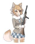  absurdres animal_ears beretta_model_38 cowboy_shot eyebrows_visible_through_hair fang fur_collar gloves grey_hair gun highres italian_wolf_(kemono_friends) kemono_friends light_brown_hair long_sleeves mab_38 multicolored_hair necktie omnisucker open_mouth plaid plaid_neckwear plaid_skirt pleated_skirt short_hair skirt sleeve_cuffs solo tail thighhighs weapon wolf_ears wolf_girl wolf_tail 