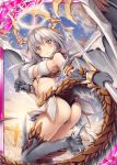  akkijin angel ass blue_sky breasts card_(medium) claws crying demon_girl demon_wings dragon_horns dragon_tail embarrassed flower gate gauntlets halo holding holding_lance holding_weapon horns lance large_breasts looking_at_viewer official_art polearm shinkai_no_valkyrie silver_hair sky sunlight tail weapon wings yellow_eyes 