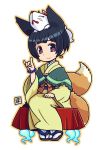  1girl black_hair earrings female fox_shadow_puppet fox_tail kikuri_(mawaru) kimono mawaru_(mawaru) multiple_tails sitting smile solo tail 