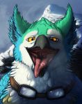  ambiguous_gender avian blue_feathers coulias detailed_background eyewear feathers gaping_mouth goggles green_feathers gryphon lemondeer looking_at_viewer mountain mouth_shot orange_eyes saliva solo throat 