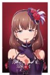  black_gloves blue_eyes brown_hair choker earrings flower gloves hair_flower hair_ornament hairband heart heart-shaped_pupils highres idolmaster idolmaster_cinderella_girls jewelry kakaobataa long_hair looking_at_viewer love_destiny purple_hairband ribbon rose sakuma_mayu solo symbol-shaped_pupils teardrop_earring upper_body 