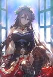  argyle argyle_legwear backlighting bare_shoulders breasts brown_hair cleavage commentary detached_sleeves dress eyebrows_visible_through_hair flower gloves granblue_fantasy hair_between_eyes hair_flower hair_ornament hand_on_own_chest highres jewelry kakage large_breasts long_hair looking_at_viewer navel navel_cutout necklace open_window purple_eyes rose rosetta_(granblue_fantasy) sitting sleeveless smile solo star thighhighs wide_sleeves window 