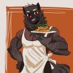  2017 anthro apron biped black_eyes black_fur black_nose black_tail blush canine clothed clothing digital_media_(artwork) evane eyebrows food front_view fur grey_eyebrows half-length_portrait hi_res holding_object hybrid hyena jules_(evane) looking_at_viewer male mammal open_mouth orange_background plate portrait shirt simple_background smile solo soraa standing teeth wolf 