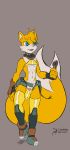  2018 2_tails arashidrgn blue_eyes bulge canine clothed clothing collar fangs footwear fox fur gloves hair knee_pads legwear male mammal midriff miles_prower multi_tail navel shirt shoes skimpy solo sonic_(series) tank_top thigh_highs underwear video_games 