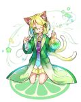  ;d animal_ears blonde_hair blue_flower blue_hair cat_ears cat_girl cat_tail collared_shirt fang flower glasses green_coat green_eyes green_flower head_tilt highres kazana_(sakuto) labcoat long_hair long_sleeves looking_at_viewer multicolored_hair multiple_tails necktie one_eye_closed open_mouth original pleated_skirt purple_neckwear round-bottom_flask seiza shirt sitting skirt smile solo tail test_tube two-tone_hair two_tails white_background white_shirt wide_sleeves yellow_flower yellow_skirt 