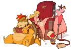  ambiguous_gender anthro blonde_hair blue_eyes bowser cellphone chair claws clothed clothes_hanger clothing collar crown fangs female fully_clothed group hair holding_object human humanoid_hands koopa male mammal mario_bros mikellunsford nintendo nintendo_switch one_leg_up orange_hair pajamas phone princess_peach red_eyes red_hair relaxing scales scalie simple_background sitting spiked_armband spiked_collar spiked_wristband spikes throne toad_(mario) vacuum vest video_games white_background wristband yellow_scales 