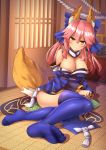  :3 animal_ears blue_legwear blue_ribbon blush breasts cleavage commentary_request detached_sleeves fate/extra fate/grand_order fate_(series) fox_ears fox_tail hair_ribbon highres indoors japanese_clothes kaiyi large_breasts long_hair looking_at_viewer pink_hair ribbon solo tail tamamo_(fate)_(all) tamamo_no_mae_(fate) yellow_eyes 