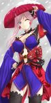  absurdres asymmetrical_hair autumn_leaves black_legwear blue_eyes blue_kimono breasts cleavage collarbone detached_sleeves earrings fate/grand_order fate_(series) hair_ornament hat highres japanese_clothes jewelry katana kimono large_breasts leaf_print looking_at_viewer magatama maple_leaf_print miyamoto_musashi_(fate/grand_order) navel_cutout obi outdoors pink_hair ponytail sash sheath sheathed short_kimono sleeveless sleeveless_kimono snow snowing solo sword thighhighs tomoshibi_(fuuzen_no_tomoshibi) unsheathed weapon wide_sleeves 