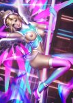  absurdres angel_wings ayya_saparniyazova blonde_hair blue_eyes breasts breasts_outside elbow_gloves gloves halo high_heels highres long_hair looking_at_viewer mechanical_halo mercy_(overwatch) multicolored multicolored_clothes multicolored_gloves multicolored_legwear multicolored_wings nipples overwatch paid_reward patreon_reward pole_dancing ponytail solo spread_wings thighhighs wings 