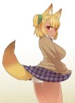  :o animal_ears ass blonde_hair blush breasts brown_eyes brown_sweater collared_shirt cowboy_shot eyebrows_visible_through_hair fox_ears fox_tail from_behind green_scrunchie hair_ornament hair_scrunchie highres inconvenient_tail large_breasts long_sleeves looking_at_viewer looking_back neck_ribbon one_side_up original panties purple_skirt ribbon scrunchie shirt short_hair skirt solo standing sumiyao_(amam) sweater tail tail_lift tail_raised underwear unmoving_pattern white_panties wing_collar 