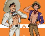  abs anz bandana black_hair bow brown_eyes charro coco_(disney) dark_skin ernesto_de_la_cruz ernesto_de_la_cruz_(alive) facial_hair goatee hat hector_rivera hector_rivera_(alive) jacket mariachi multiple_boys mustache open_clothes open_shirt short_hair smile sombrero straw_hat 