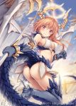  akkijin angel ass blue_sky breasts brown_hair card_(medium) claws crying demon_girl demon_wings dragon_horns dragon_tail embarrassed flower gate gauntlets halo holding holding_lance holding_weapon horns lance large_breasts looking_at_viewer official_art polearm red_eyes shinkai_no_valkyrie sky sunlight tail weapon wings 