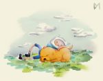  adventure_time canine cartoon_network cloud diaminerre digital_media_(artwork) dog finn grass human jake mammal sleeping traditional_media_(artwork) watercolor_(artwork) 