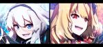  :d absurdres anne_bonny_(fate/grand_order) bangs black_hairband black_ribbon blonde_hair blue_eyes blush commentary_request eyebrows_visible_through_hair facial_scar fate/grand_order fate_(series) hair_between_eyes hair_ribbon hairband highres long_hair mary_read_(fate/grand_order) multiple_girls open_mouth protected_link red_eyes ribbon scar silver_hair smile two_side_up upper_teeth wada_kazu 