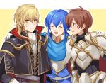  aless_(fire_emblem) armor blue_eyes blue_hair blush brown_eyes brown_hair cape celice_(fire_emblem) closed_eyes fire_emblem fire_emblem:_seisen_no_keifu fire_emblem:_thracia_776 gloves headband leaf_(fire_emblem) long_hair male_focus multiple_boys open_mouth short_hair smile 