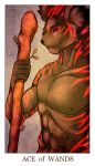  ace_of_wands_(tarot) anthro black_fur black_sclera card cat clothed clothing eyebrow_piercing facial_piercing feline feralise fur hair male mammal minor_arcana muscular muscular_male nipples oz_(easymagicoz) piercing red_eyes red_fur red_hair solo staff tarot_card topless 