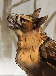  ambiguous_gender avian brown_eyes brown_feathers duo feathers gryphon human lemondeer mammal nyra_(lemondeer) open_mouth oral_vore outside red_tailed_hawk saliva size_difference swallowing tongue tree vore 