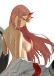  back bad_id bad_pixiv_id breasts closed_mouth clothes_removed commentary_request darling_in_the_franxx floating_hair from_behind green_eyes hair_censor highres horns jacket jacket_removed kamikakushi_no_ocarino large_breasts long_hair off_shoulder pink_hair simple_background solo upper_body white_background white_jacket zero_two_(darling_in_the_franxx) 